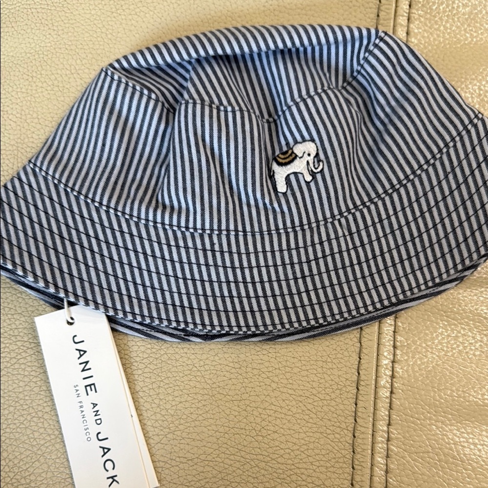 Janie and Jack Blue Striped Bucket Hat with Dog Detail